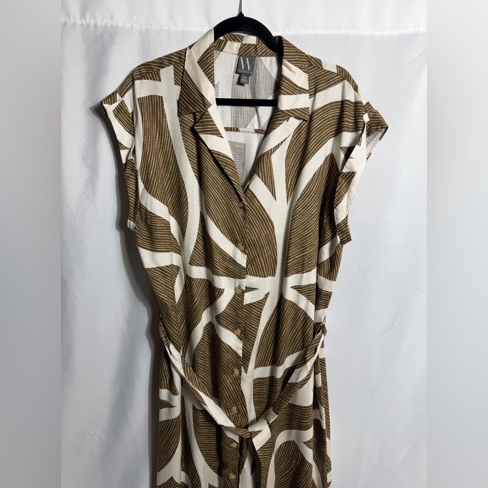 Worthington Tencel Lyocell Abstract Brown White Belted Button Front Dress XXL - Picture 2 of 9